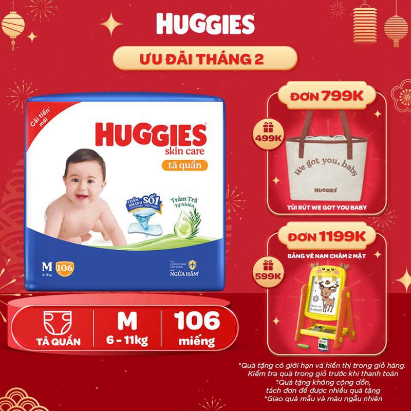 Tã/ bỉm quần Huggies Skincare Mega Jumbo với tràm trà dịu da Size M106/L96+8/XL84+4/XXL76+4