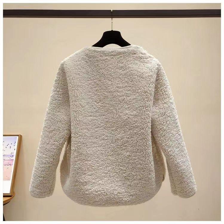 Product Introduction of round Neck New Women's Autumn and Winter Western Style Korean Style Loose Fleece Coat Fleece Short Cardigan Jacket 13