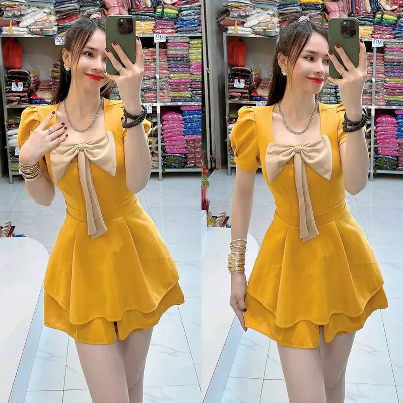 Áo Nữ Kem Voi Đô Bô THUN Cat Hàn Dễ Thương Quần Đùi Đính Nơ Fom 42kg 58kg - Women Dress 8