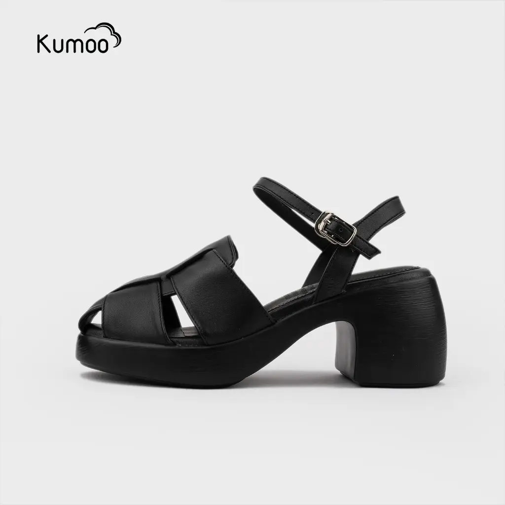 Sandal Cao Gót Nữ Kumoo Màu Đen Da Thật Hack Dáng Đế LugSole 7cm Thời Thượng SDCG-KUMO-010
