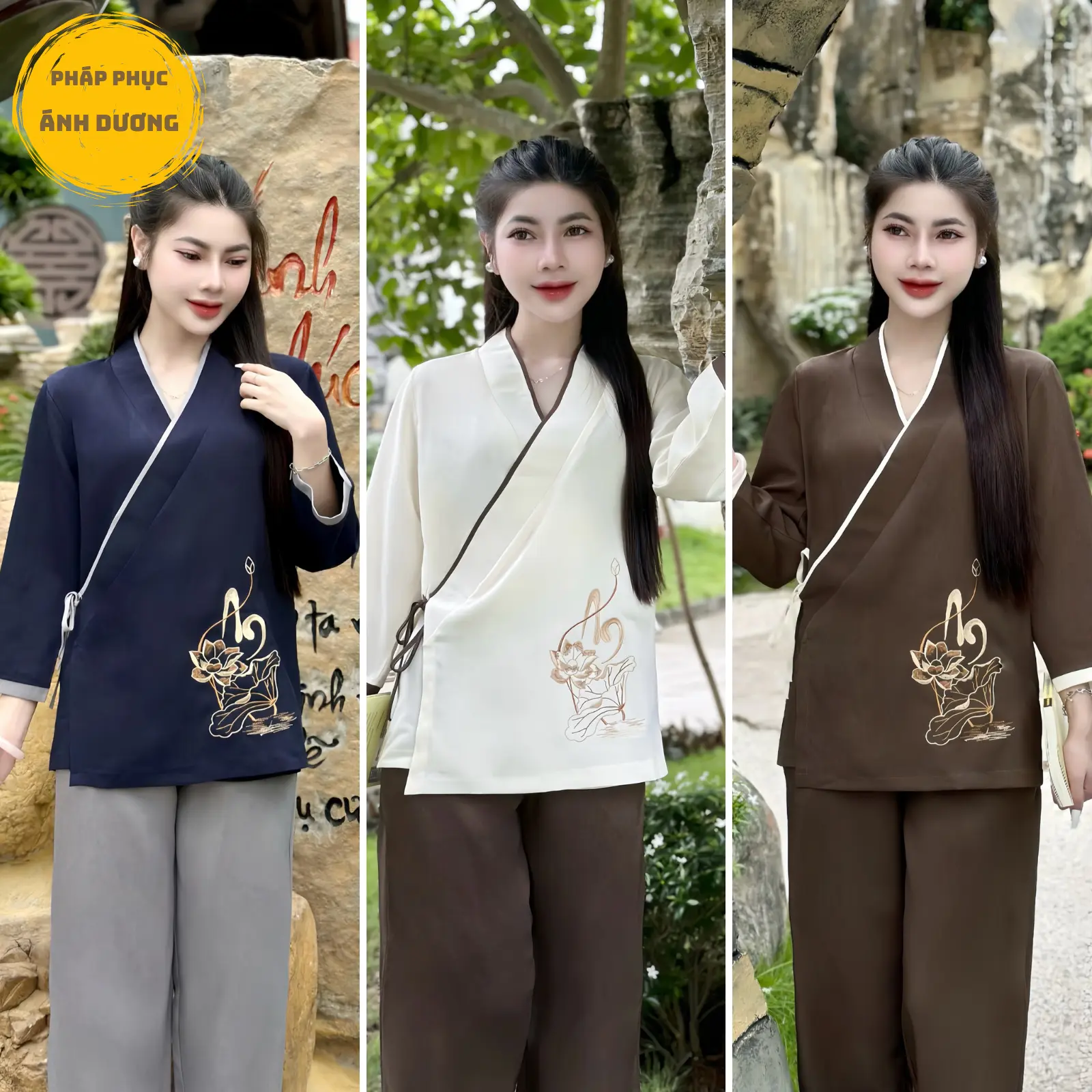 Bộ Đi Chùa Đũi Nhật Thêu An Áo cổ chéo, Mã P60