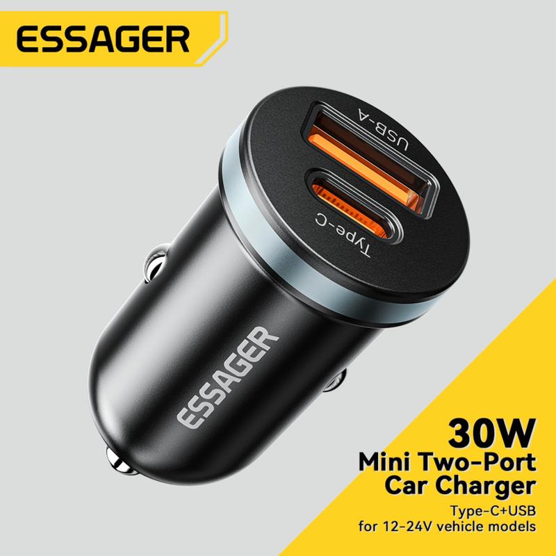 Bộ sạc ô tô mini USB A Type-C, Essager PD30W, Sạc nhanh, Sạc nhanh, Tương thích với iPhone, Huawei, Samsung, Type C PD QC 3.0, Thích hợp cho điện thoại di động, SUV, Bộ sạc ô tô 0