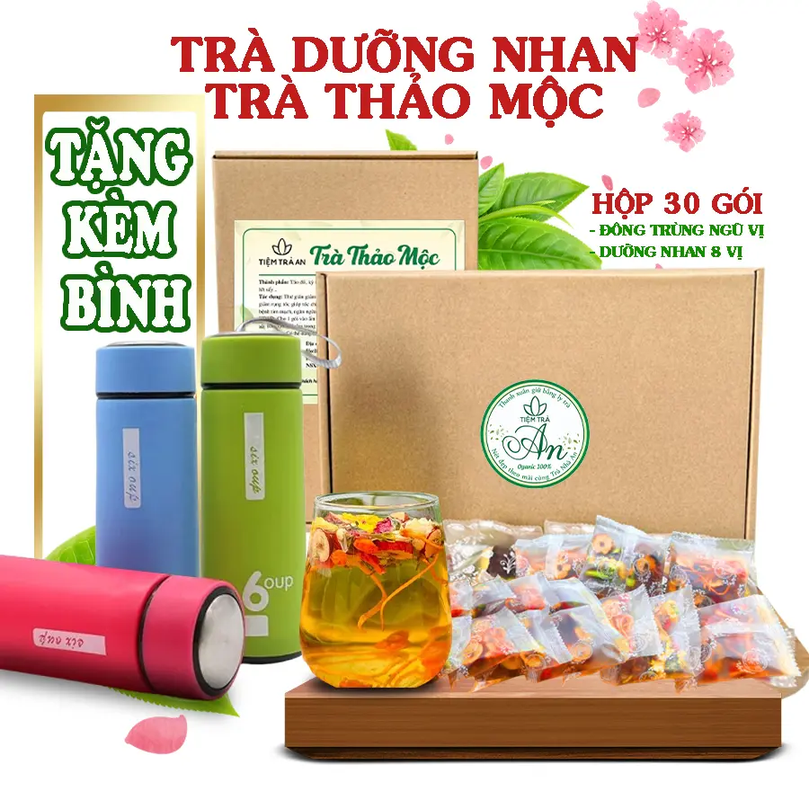 Trà dưỡng nhan đông trùng ngũ vị 8 vị hộp 30 gói (đông trùng, táo đỏ, kỳ tử, nụ hồng, nụ cúc, cỏ ngọt, long nhãn, gạo lứt, hạt chia)[Nước Trà Chè Tea trà dưỡng nhan trà thảo mộc trà thanh nhiệt ]