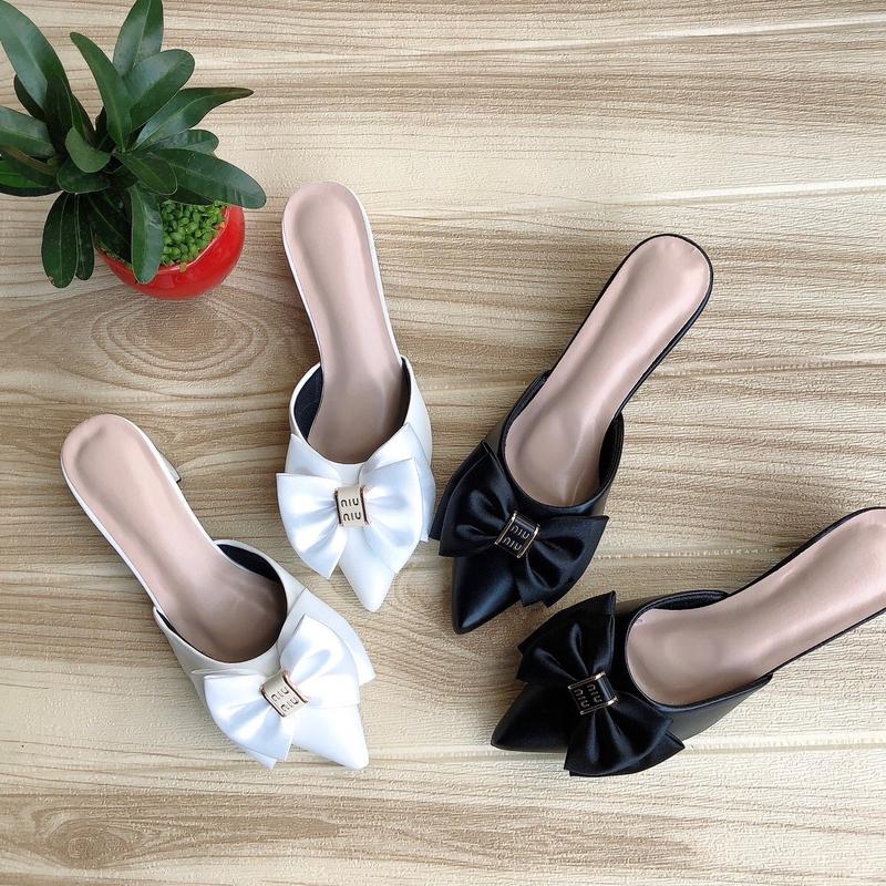  Giày sục cao gót 5p đế trụ phối nơ lụa chữ nổi giay got 7 caogotdinhda depnuhottrend 2023 dep sandal no dép lông 