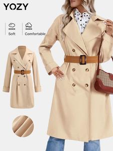 YOZY Women's Solid Double Button Belted Trench Coat, Casual Lapel Collar Fake Pocket Long Sleeve Coat for Fall & Winter, Women's Clothing for Daily Wear