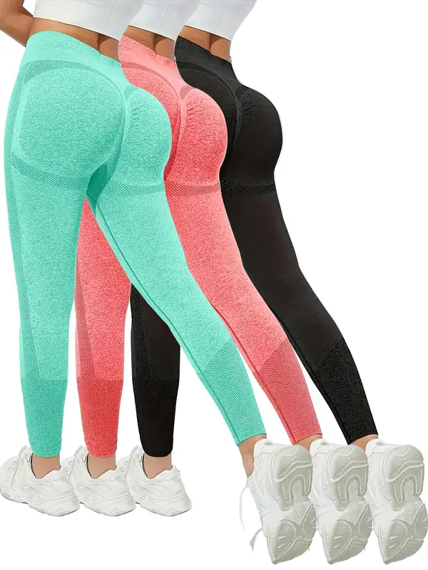 Women's Solid Color Textured Ruched High Waist Sports Leggings, High Stretch Casual Comfy Breathable Skinny Pants for Yoga Gym Workout Running, Tummy Control Butt Lifting  Sportswear for All Seasons 4