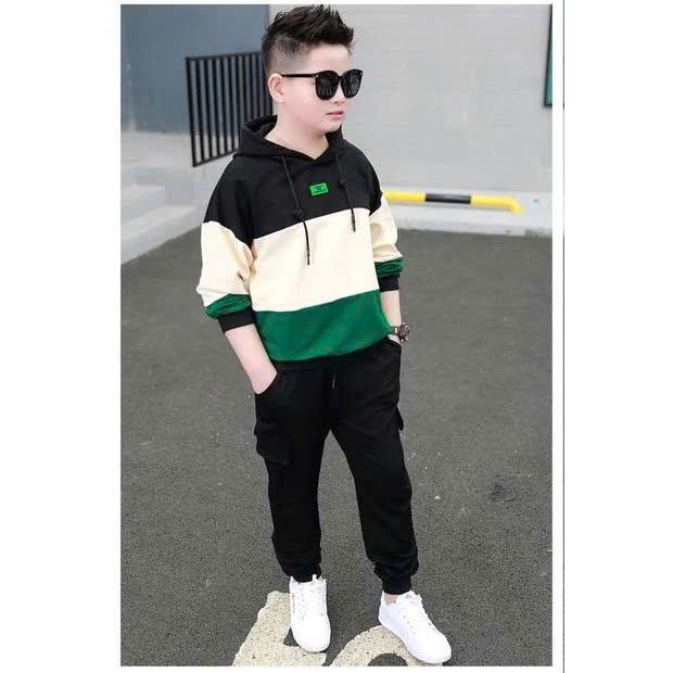 Sét quần áo thu đông dành cho bé trai 14-45kg kiểu dáng có mũ chất liệu nỉ da cá ấm áp phù hợp với mùa đông