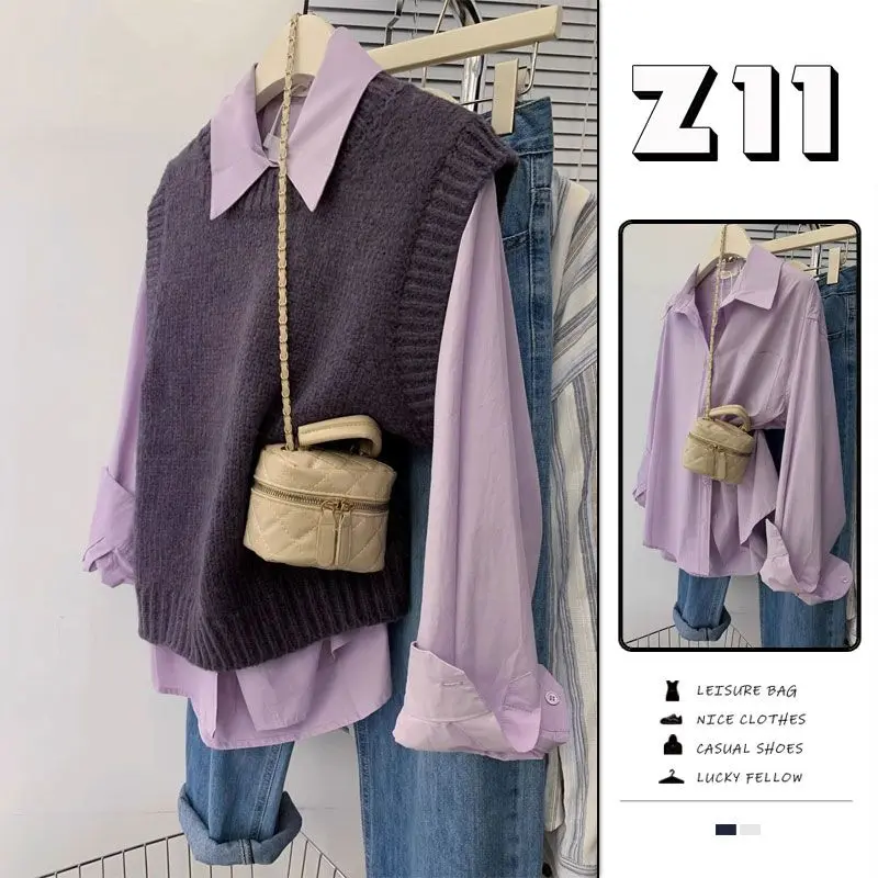 Bộ Đồ Mùa Thu Và Mùa Đông, Z11 Phong Cách Pháp, Áo Ghi Lê Dệt Kim Dáng Rộng Cổ Thuyền Màu Tím Cao Cấp, Áo Sơ Mi Dài Tay Màu Tím Nhạt, Dành Cho Nữ