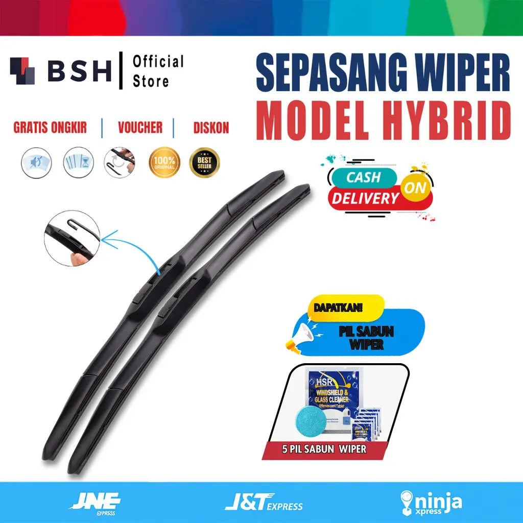 Wiper Hybrid Universal Satu Pasang Kiri dan Kanan Free 5 Pil Sabun