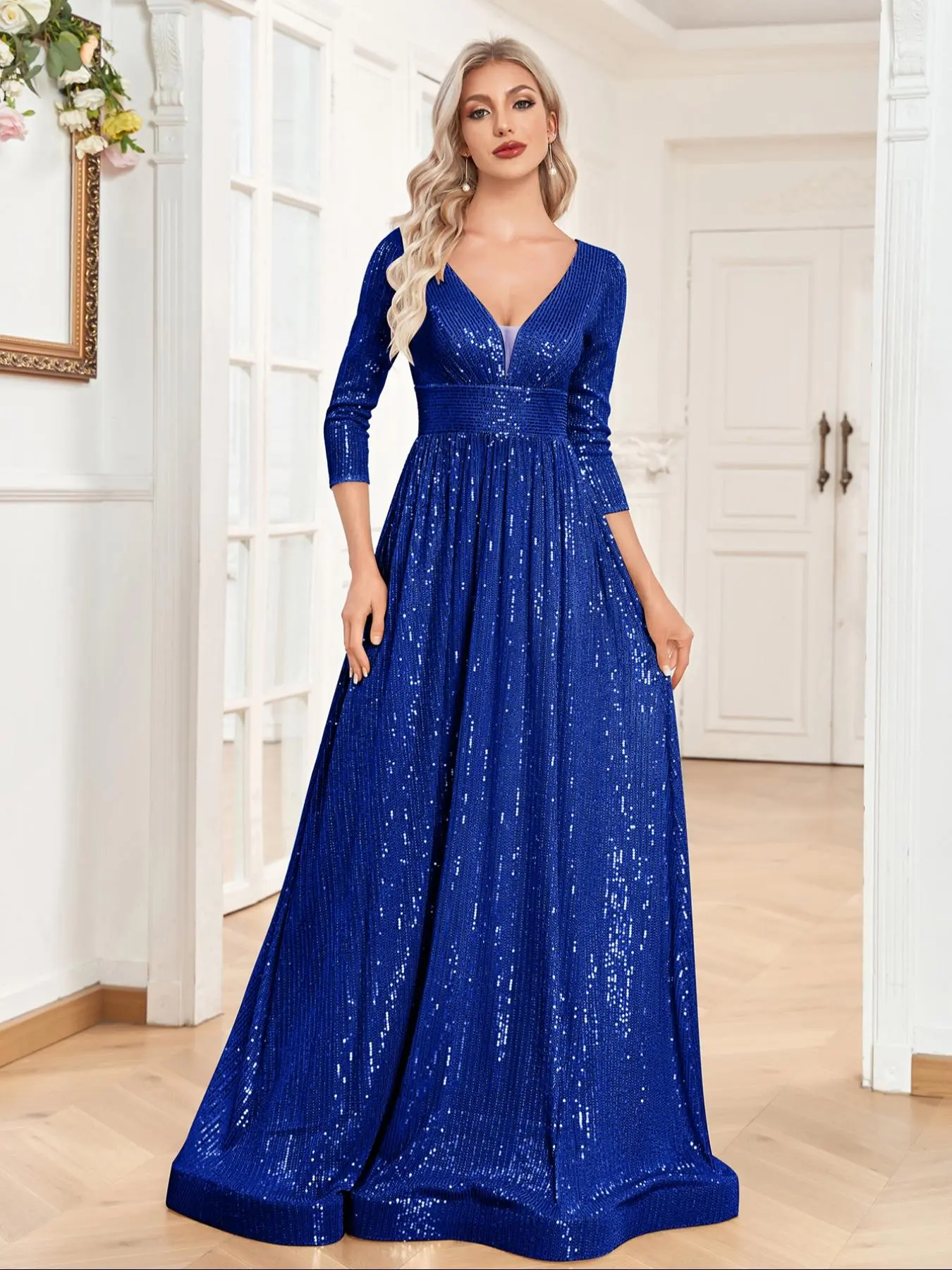 Women's Glitter Sequins V Neck Long Sleeve Evening Dress, Elegant Maxi Dress for Party Wedding Guest, Ladies' Clothes for Spring & Fall
