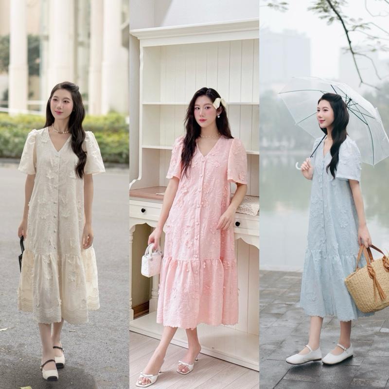 PETBYCHANG - Đầm ren boi hoa nổi 3D, dáng dài suông đuôi cá nút bọc