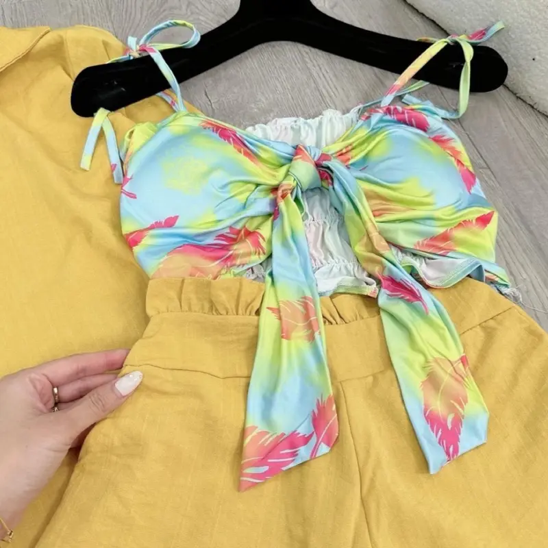 Set đũi 3 món đi biển (áo sơ mi, quần sooc, bra hoa) Nữ 1
