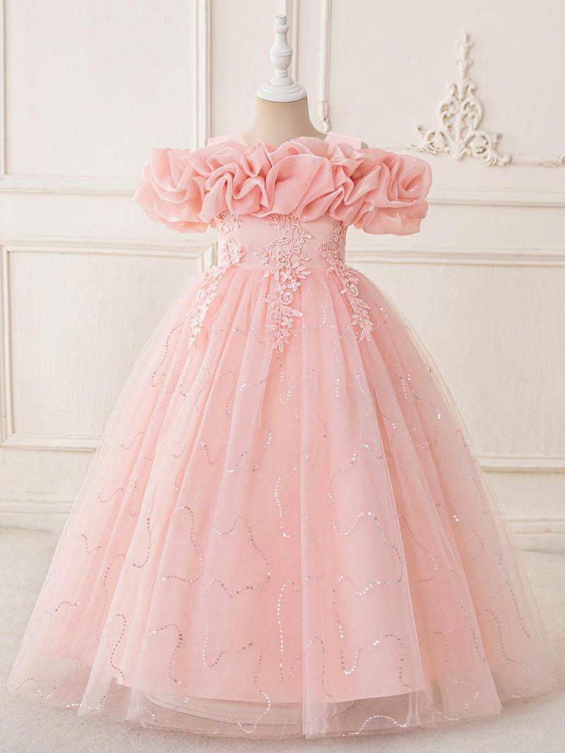 Product Introduction of Girl's Floral Embroidery Contrast Sequin Faux Pearls Zipper Back Fit and Flare Party Dress, Elegant Contrast Mesh Maxi Tutu Dress for Party Performance Wedding Guest, Kids Clothes for All Seasons 2