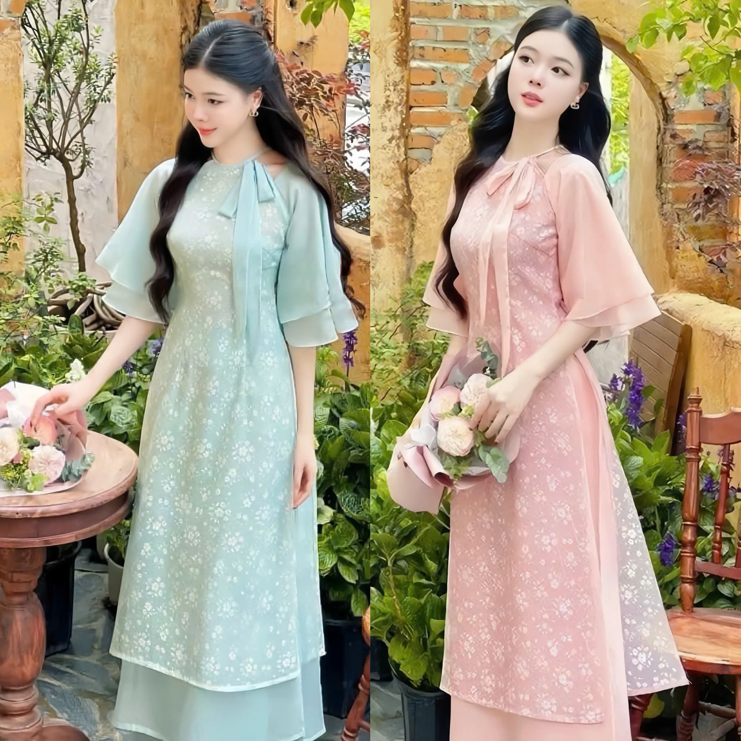 Set bộ áo dài cách tân áo tơ hoa 2 lớp cổ tròn thắt dây nơ tay cánh tiên xẻ tà kèm quần lụa dài ống suông xinh xắn thích hợp cho các nàng diện đi chơi,đi lễ. Women Top
