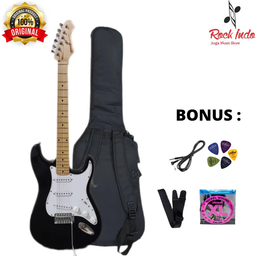 Gitar Elektrik Difergio Original Listrik Body Alder Neck Mapel 6 Senar Model Stratocaster Warna Hitam FREE Packing Kayu