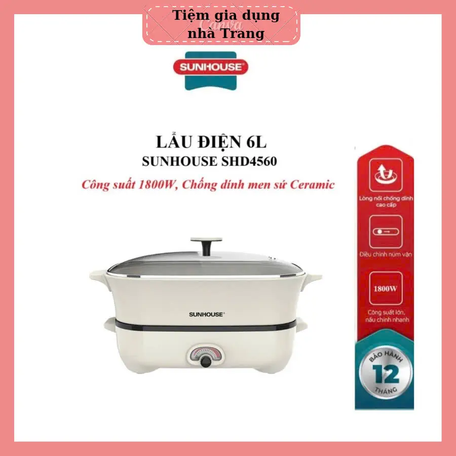 LẨU ĐIỆN SUNHOUSE SHD4560DUNG TÍCH 6L,CÔNG SUẤT 1800W, CHỐNG DÍNH MEN SỨ CERAMIC, DÀY 2mm