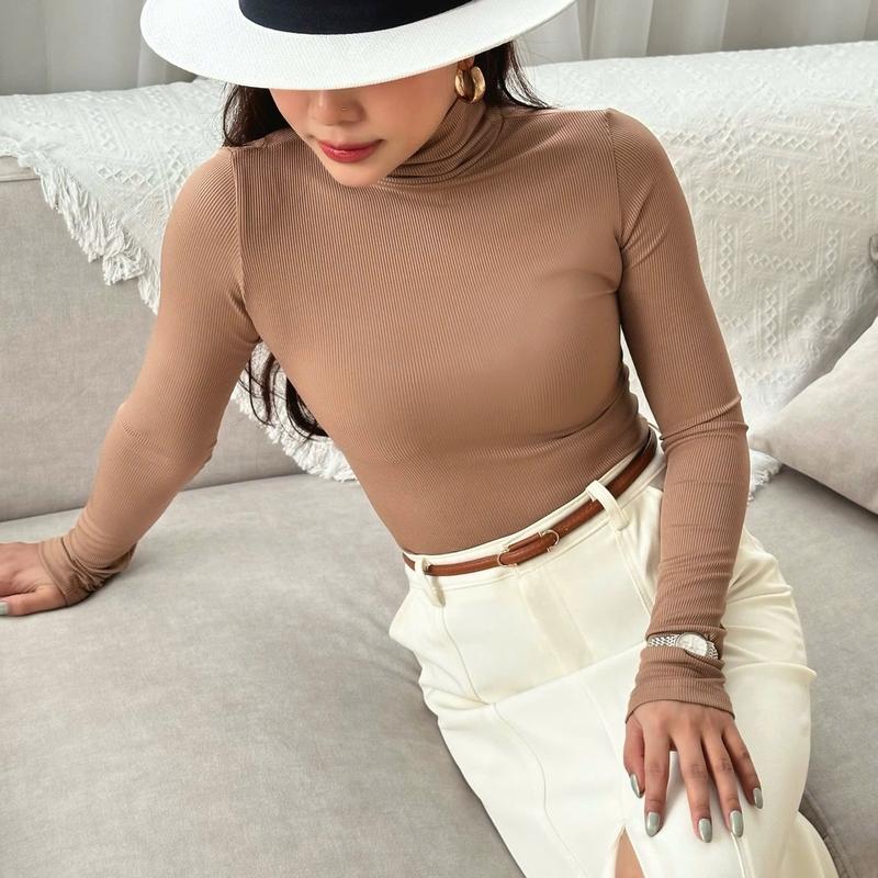 Áo thun tăm len giữ nhiệt cổ lọ dài tay , áo thun tăm cổ cao giữ nhiệt tay dài ôm sát body Miolady Kem