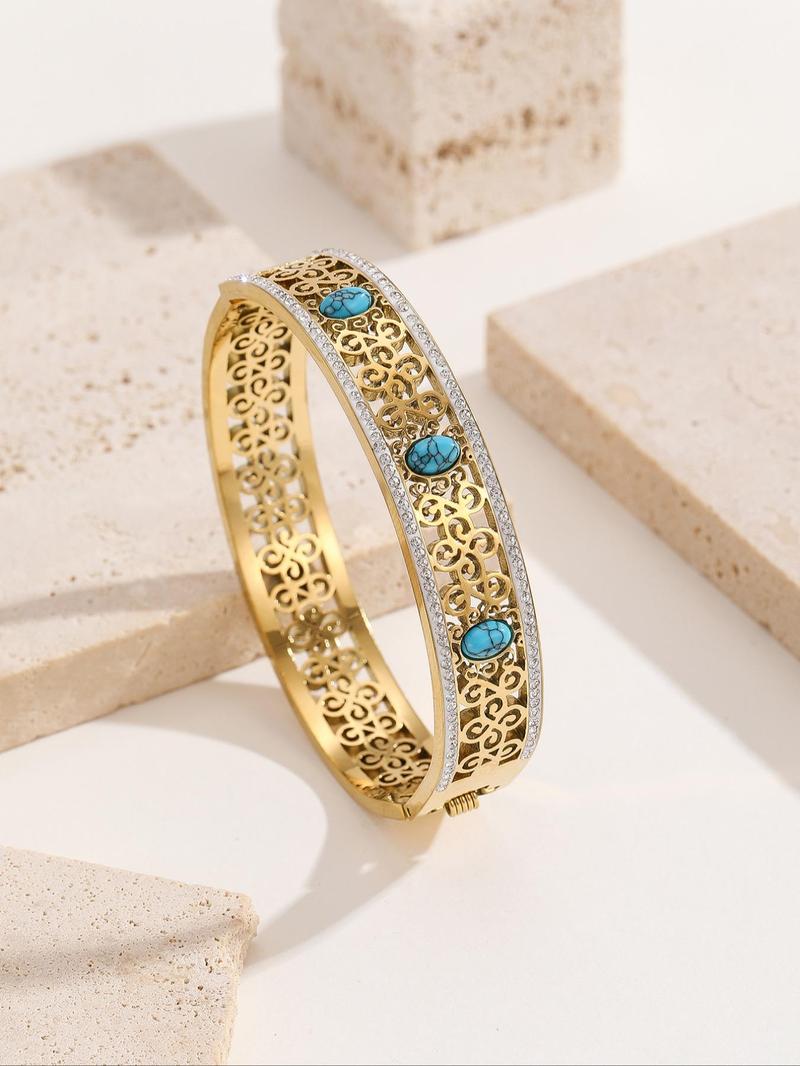 Product Introduction of Vintage Hollow Out Design Bangle for Women & Men, Rhinestone Decor Turquoise Texture Stainless Steel Jewelry for Party, Daily Clothing Decor, Trendy All-match & Exquisite Jewelry for Birthday Gift 0