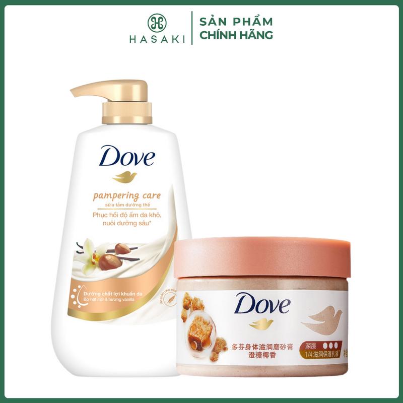 Combo Dove Sữa Tắm Dưỡng Thể Hương Vanilla 500g + Smoothie Tẩy Da Chết Hương Dừa 298g Pampering Care + Moisturizing Body Scrub Sugar & Coconut Fragrance | HASAKI BEAUTY