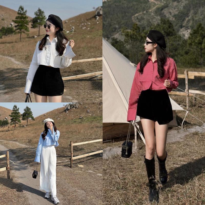 Áo sơ mi nữ croptop túi ngực hottrend phong cách Hàn Quốc năng động 3 màu trắng hồng xanh 84202 86127 86128 Kozoda SM119 Shirt Cổ Tròn