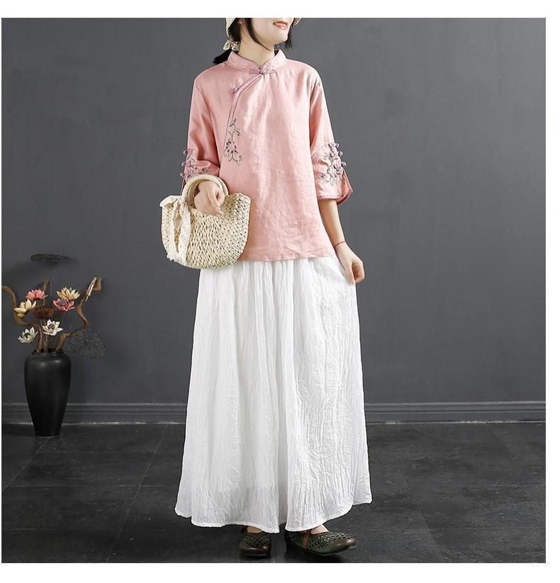 Product Introduction of Oemg2024 Summer New Chinese Style Retro Cotton and Linen Shirt Women's Chinese Style Stand-up Collar Frog Button Top Embroidered Cotton Tea Clothes 22
