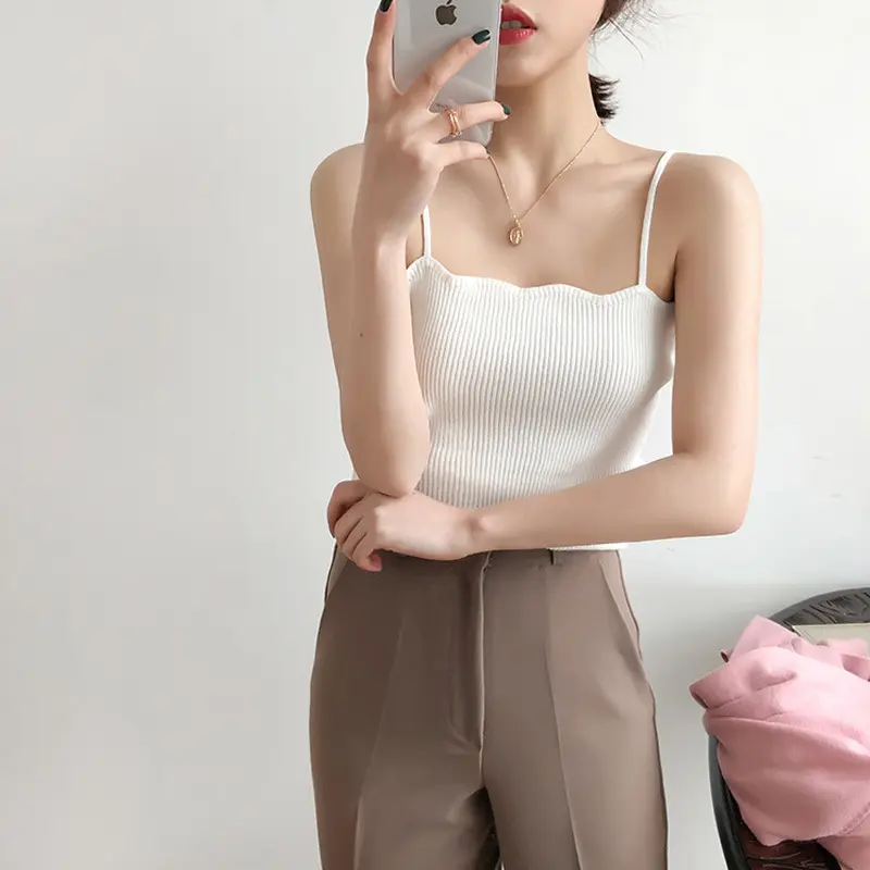 Ice Silk Camisole Korean Style Solid Color Inner Layer Sleeveless Top for Women Summer Casual Cute