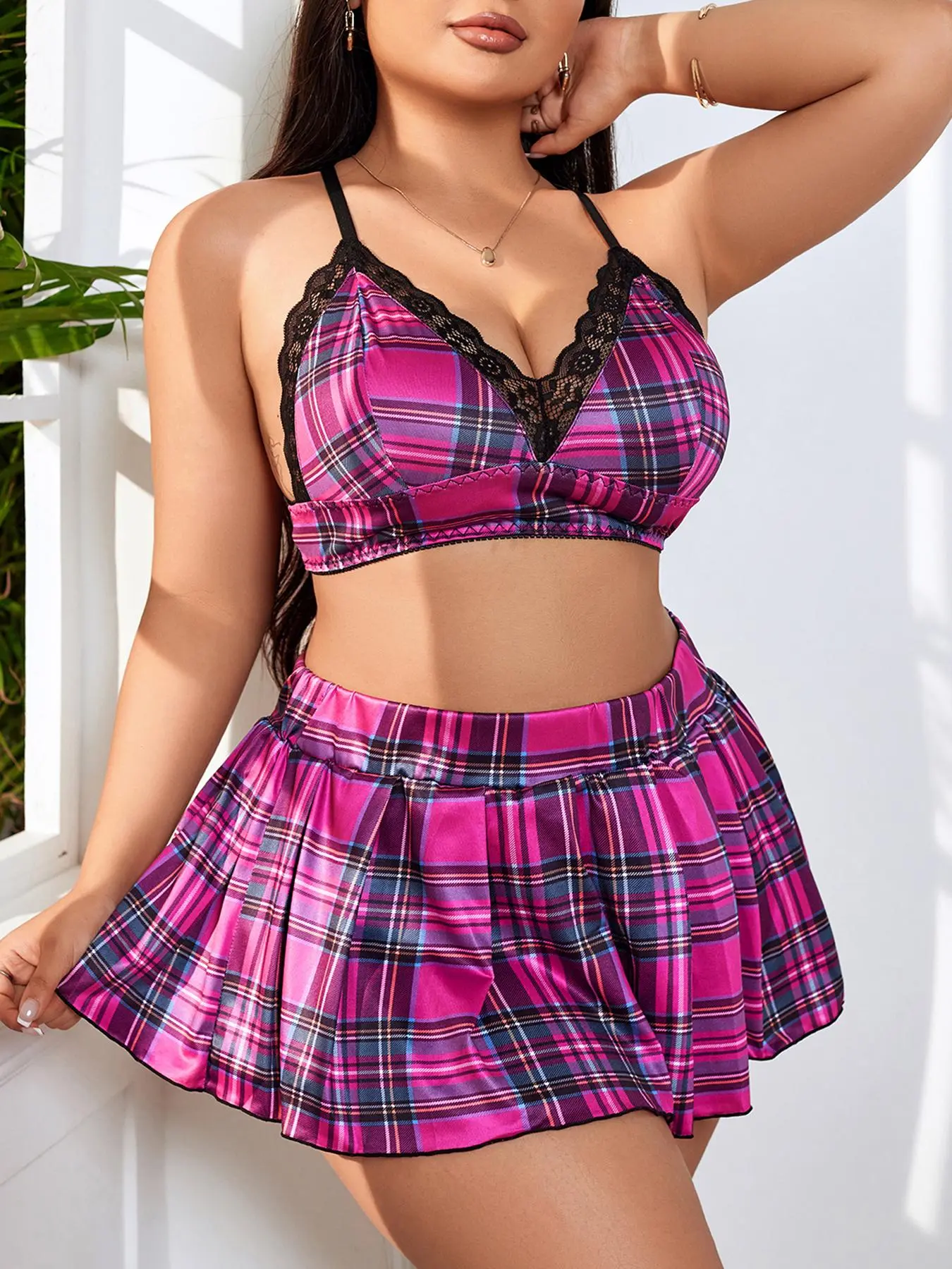 【plus Size】 Women's Plaid Print Sexy Three-piece Underwear Set, Adjustable Strap Contrast Lace Buckle Ring Linked Criss Cross Bra & Thong & Lettuce Trim Pleated Skirt Set Summer, Women's Underwear Set for All Seasons, Naughty Lingerie