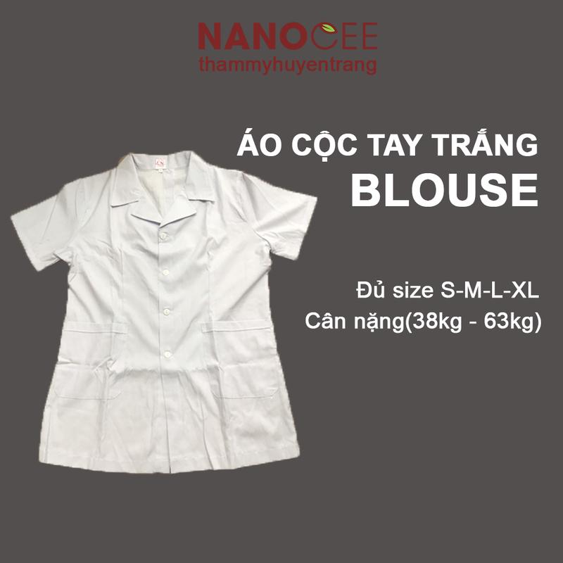 Áo Blouse Nữ, Áo Blue Bác Sĩ Trắng Cộc Tay, Dáng Ngắn Ngang Đùi Cho Dược Sĩ, Điều Dưỡng, Kỹ Thuật Viên Spa