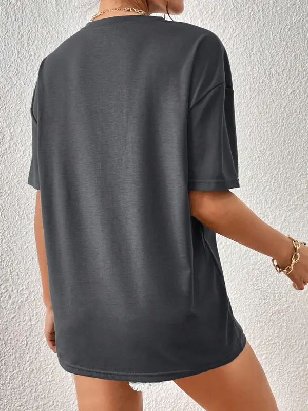 Women's Letter & Figure Print Drop Shoulder T-Shirt, Summer Clothes Women, Casual Trendy Round Neck Half Sleeve Tee, Lady Summer Clothes, Ladies Clothes Tops 7