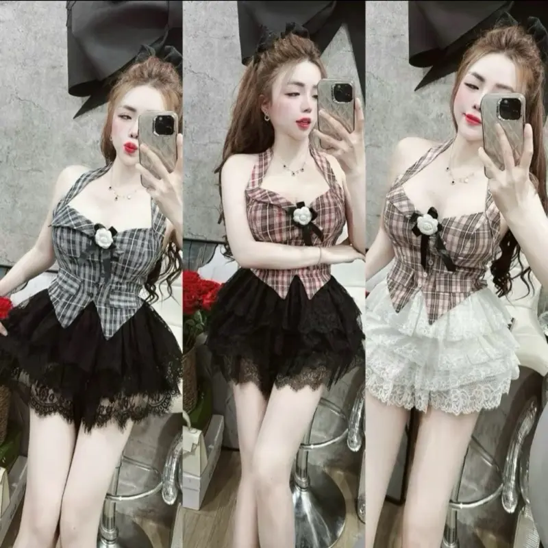 Set ao yem Dinh hoa co mut  Chan vay ren co lót quan