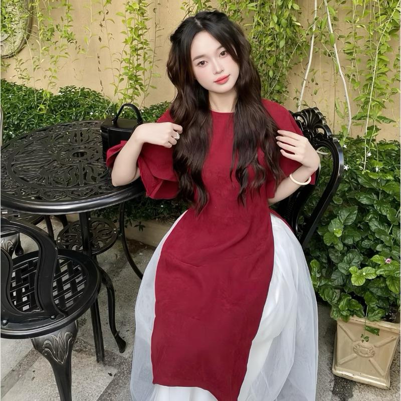 Sét Áo Dài Cách Tân Nhung Tăm Mặc Tết 2025 Gồm Áo Dài Nhung Tay Xoè + Chân Váy Xoè Dài Nữ Women Dress Đỏtop 2025top 2