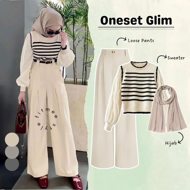 Bramantyashop - Glim - Setelan Wanita 3in1 Terbaru ( Atasan Blouse Wanita Knit Setrip + Bawahan Celana Loose Pants Poliester + Hijab Square) One set Baju OOTD Elegan Dan Cantik Outfit Set Kombinasi Simple Nongkrong Kerja Kampus Casual Formal Muslim Remaja