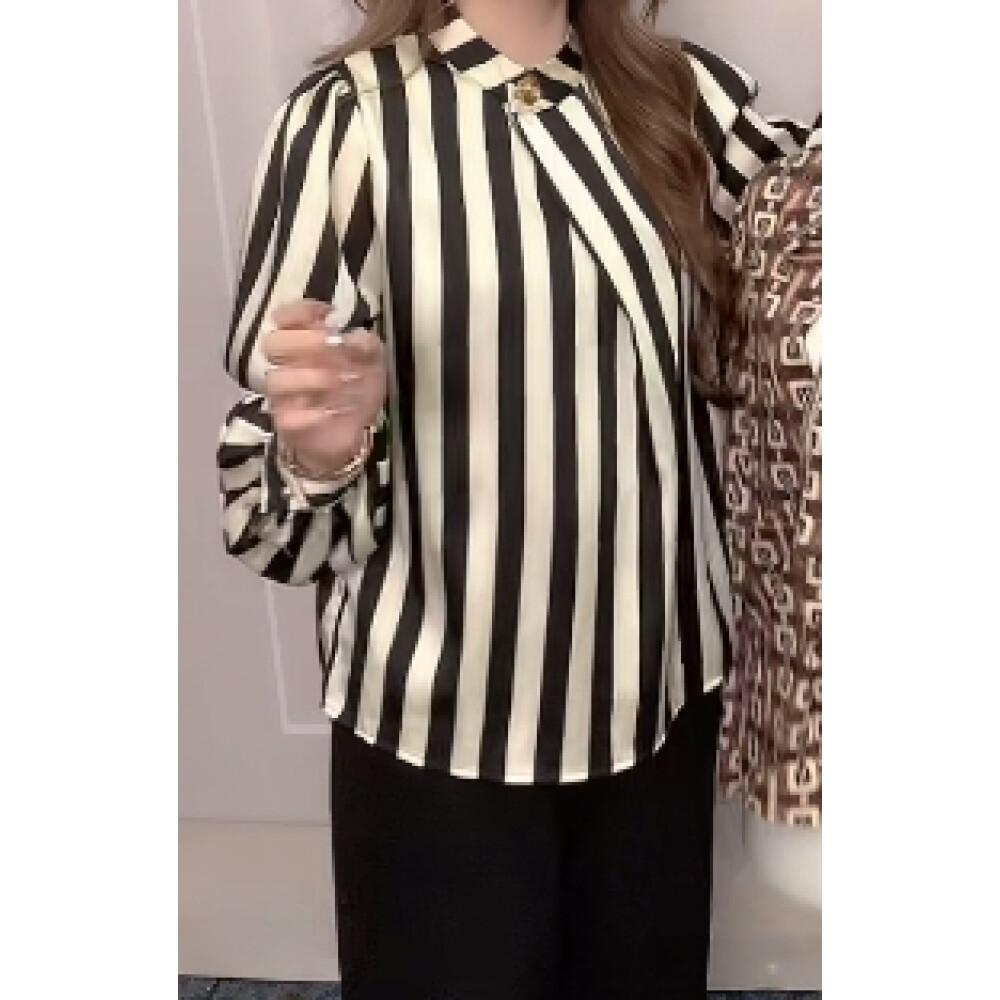 FADFAD blouse motif bergaris dengan lengan panjang gaya trendi untuk wanita elegant