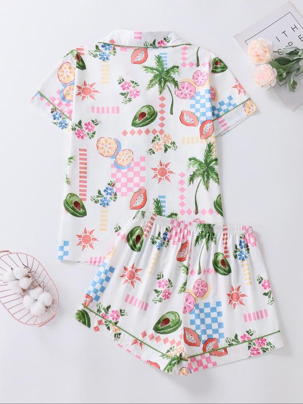 Two-piece Set Women's Fruit Print Lapel Neck Button Front Pajama Set, Casual Comfy Pastel Short Sleeve Pocket Top & Elastic Waist Shorts Pj Set, Ladies Sleepwear for All Seasons 4