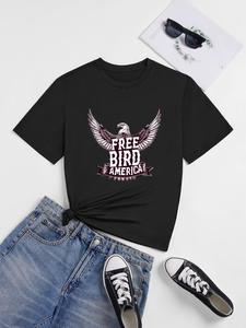 ImprinTee Women's Eagle & Letter Print Round Neck Graphic Tee, Vintage Trendy Casual Short Sleeve T-shirt For Daily Wear, Ladies All Seasons Outfit
