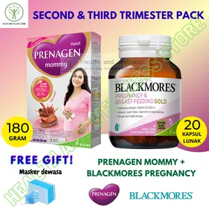 PAKET BLACKMORES PREGNANCY AND BREASTFEEDING GOLD 20 KAPSUL LUNAK DAN PRENAGEN MOMMY 180 GRAM