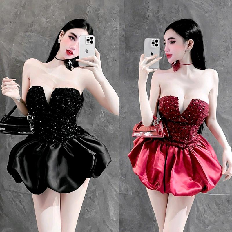  Đầm kim sa cúp ngực phối lưới Đen Đỏ váy dự tiệc sang chảnh Kim Tuyến Nữ Dress Women 