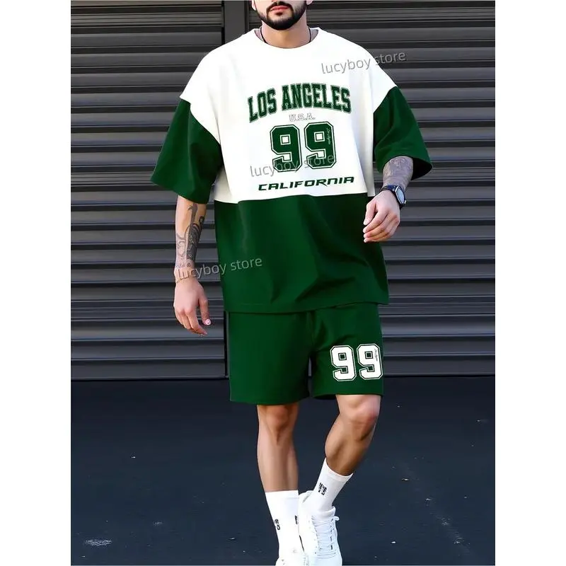 LOS ANGELES NO.99 Printed Men Sport T-shirt+shorts Suit Set Male basketballTracksuit Outfit Summer Oversized 2 Piece Set Clothes