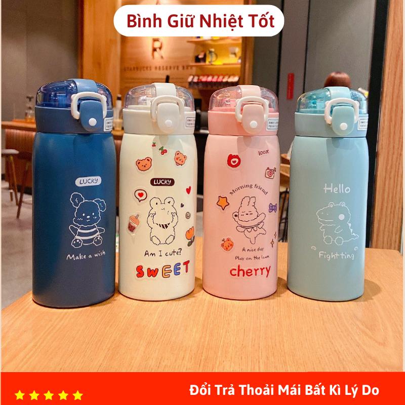 Bình giữ nhiệt đựng nước dung tích 500ml INOX 304 thép không gỉ dễ thương có ống hút kèm sticker và dây