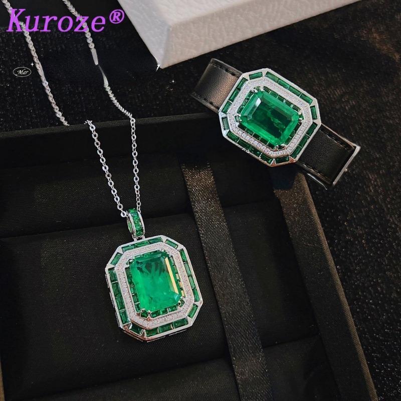 Kuroze Luxury Emerald Pendant Necklace with Cotton Green Crystal Unique Green Diamond Wristband Bracelet 5