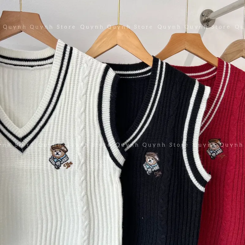 ( XẢ KHO ) Áo Len Gile Cổ Tim Phối Viền Nổi,Hoạ Tiết Thêu Gấu Hàng QC 5 Màu Nữ 3