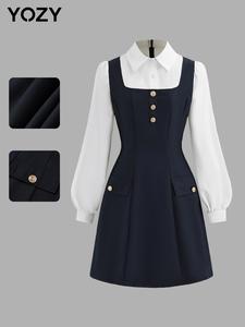 YOZY Women's Colorblock Bishop Sleeve Button Pocket Shirt Dress, Casual Collared Long Sleeve Dress for Daily Wear, Ladies Clothes for All Seasons