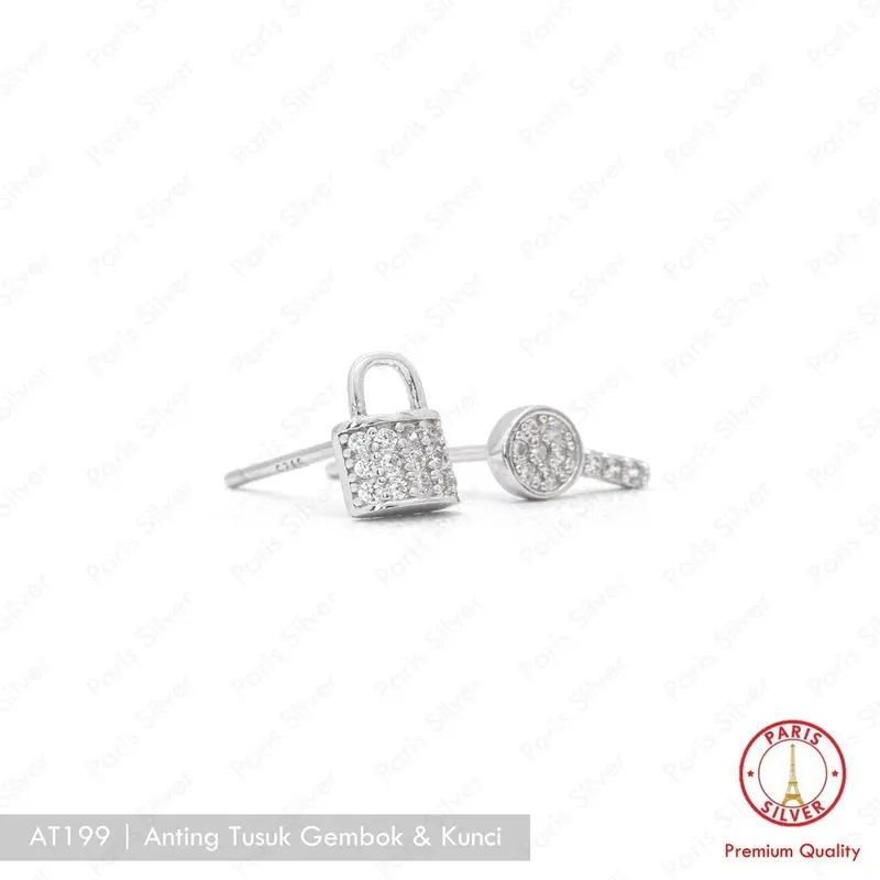 Anting Tusuk Wanita Perak Asli Model Kunci Gembok Silver 925 Lapis Emas Putih Giwang Lock Key Pasangan 2