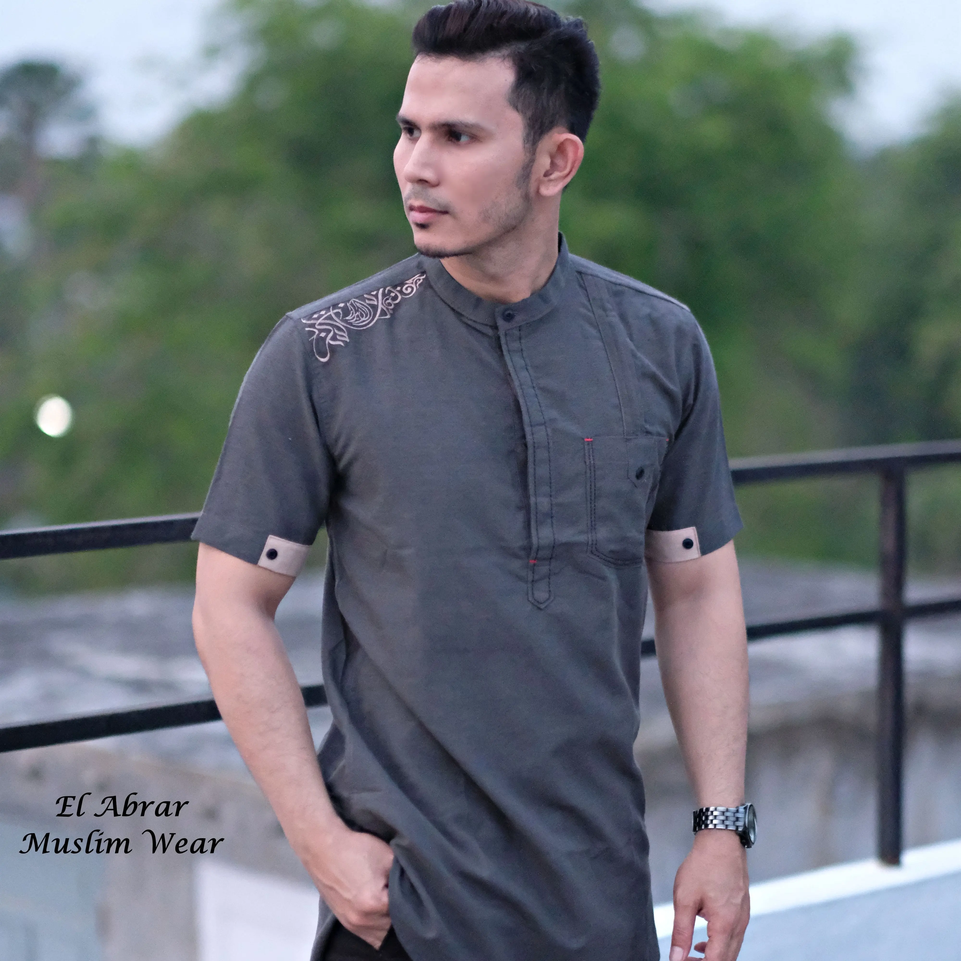 Kurta Lengan Pendek El Abrar 3011 Lengan Pendek Abu Dust Bordir - Baju Pria - Atasan - koko - kurta - muslim - terbaru