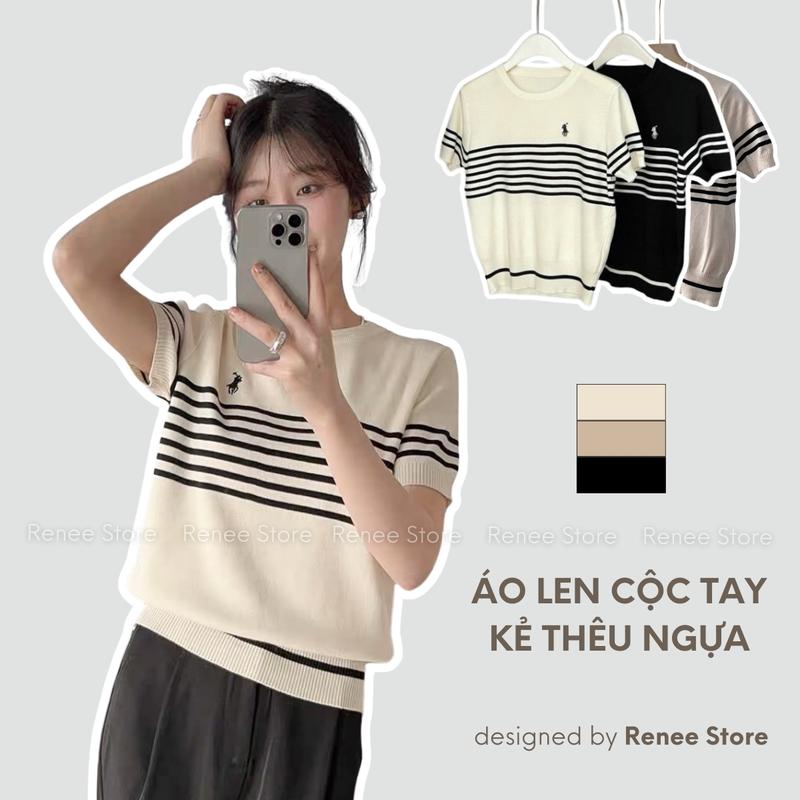 Áo len nữ cổ tròn dệt kim thêu ngựa, áo mongtoghi mỏng phong cách ulzzang, chất mềm mát Renee Store - A1978 Women