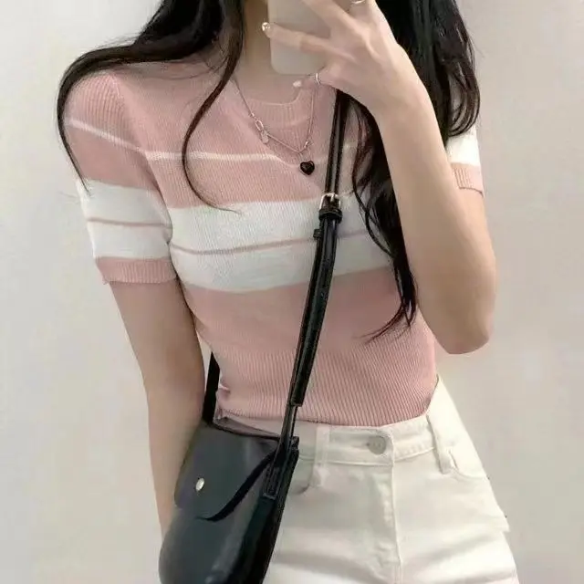 2025 Summer New Women's Fashion Korean Style Simple Round Neck Striped Versatile Short Sleeve Knitted Top