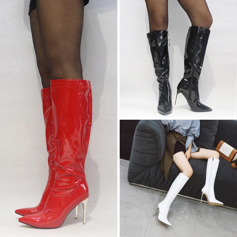 Giày boot nữ ống cao dưới gối DA BÓNG đủ 3 màu ĐEN/ TRẮNG/ ĐỎ mũi nhọn, gót nhọn 10cm SANG CHẢNH GCC27