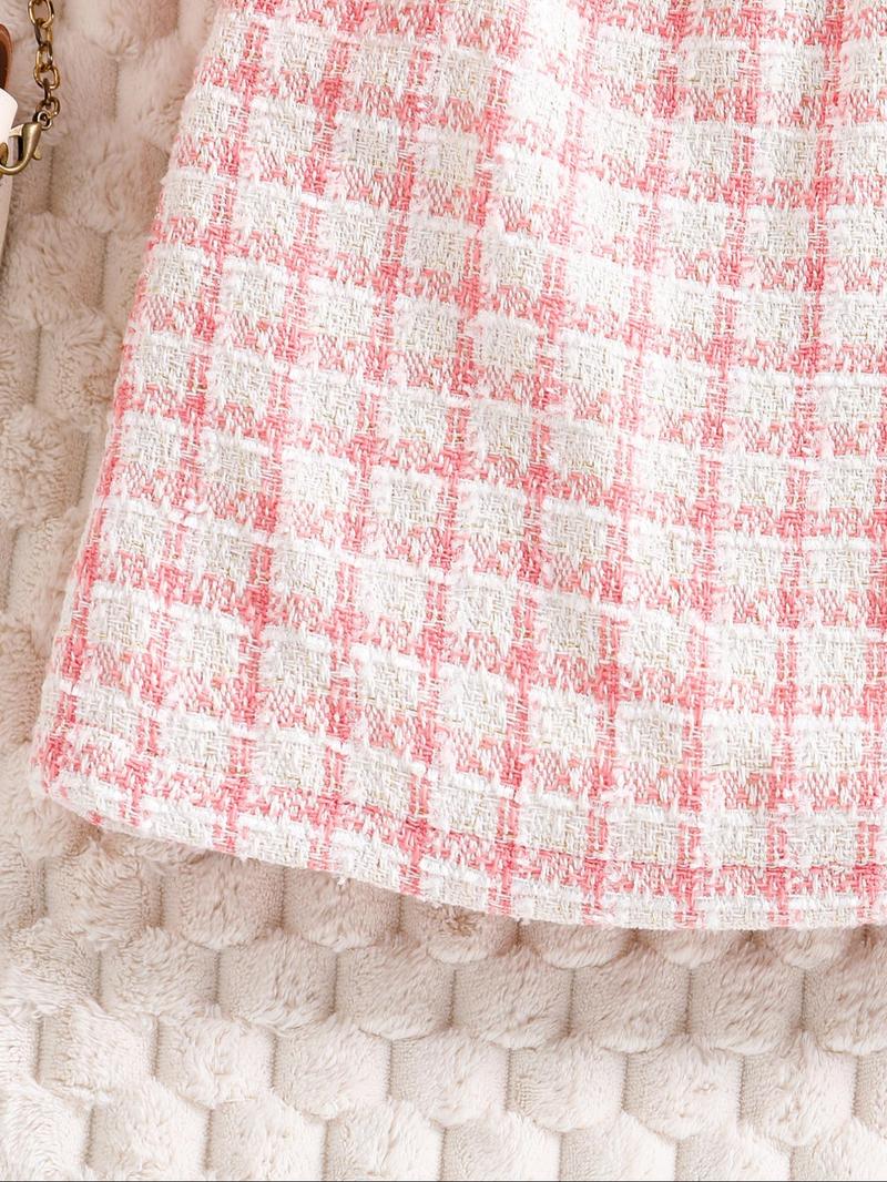 Product Introduction of Two-piece Set Toddler Girl's Plaid Button Front Outerwear & Skirt Set, Elegant Long Sleeve Round Neck Knit Top & High Waist Skirt, Kids Spring & Fall Clothes 6