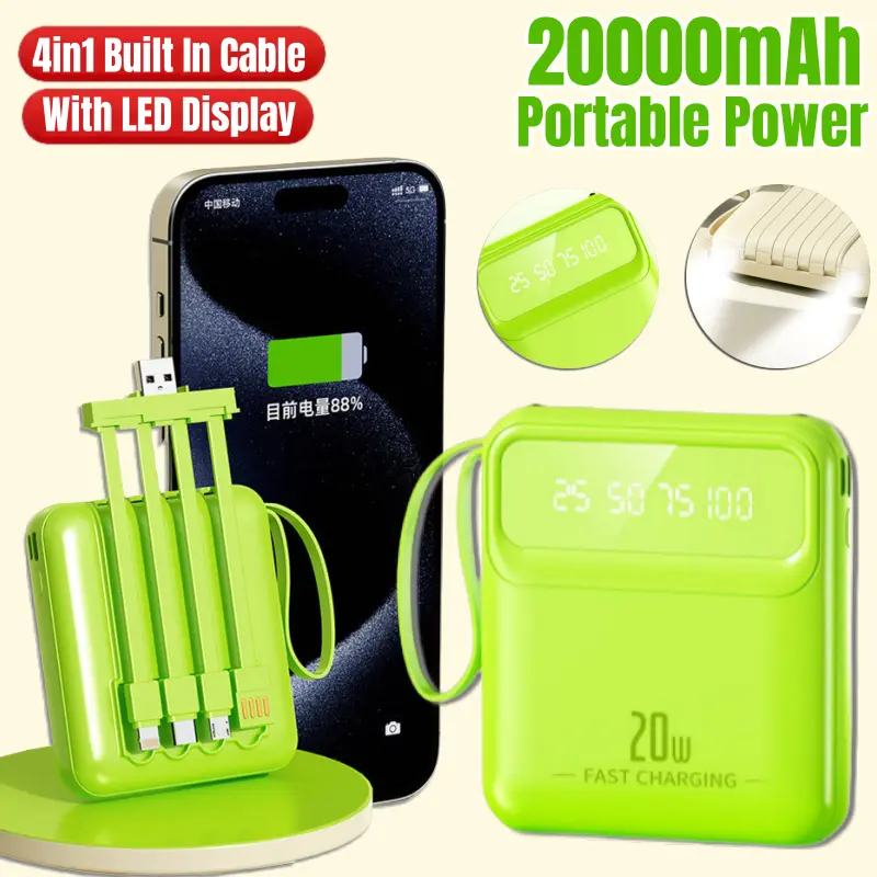 original  Local 20000mAh Portable Power Bank 4in1 Mini Powerbank Built In Cable With LED Display