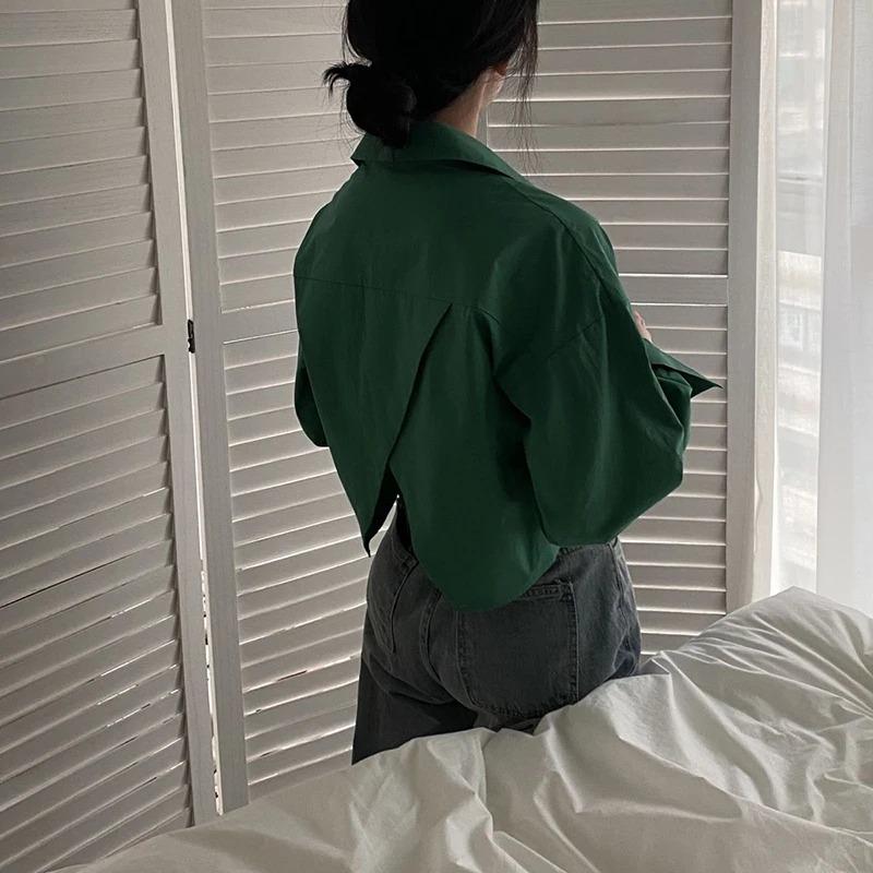 Product Introduction of Fashion Short Shirts Women Korean Chic Loose Solid Color Long Sleeve Crop Tops Female Casual Elegant Button Split Turn Down Collar Blouse 17